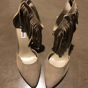 Suede Taupe Fringe Heels